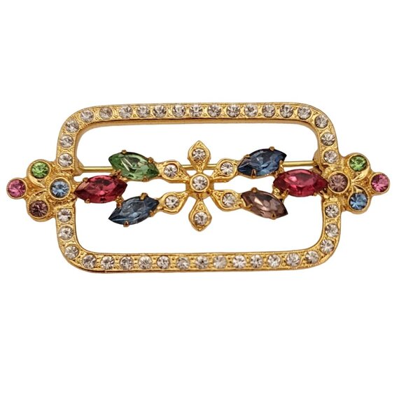 Czech Gold Tone Vintage Rhinestone Flower Square Rectangle Open Brooch Pin E774 - Picture 1 of 9